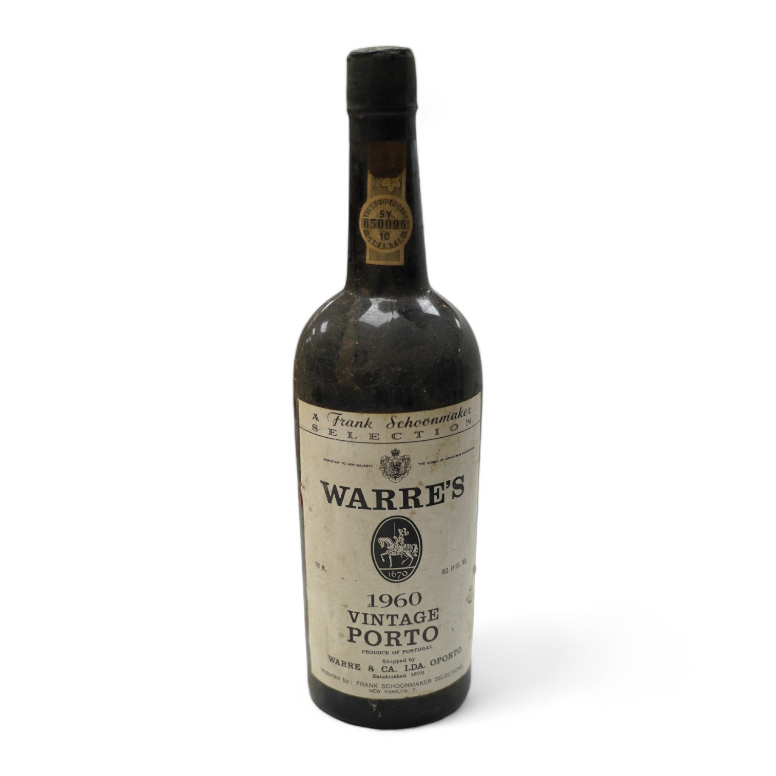 A Frank Schoonmakers Selection Warre’s 1960 Vintage bottle of port. Condition - fair.